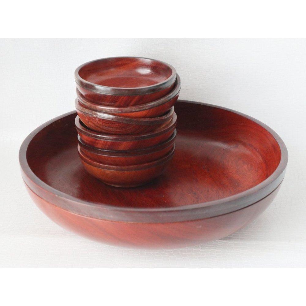 Vintage Wood Large Bowl with 6 Serving Bowls Salad Bowl